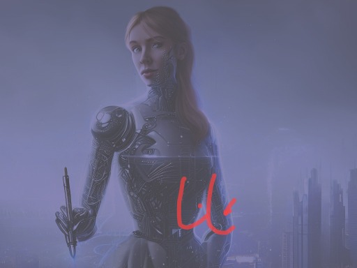 Lila Emerson stands confidently in front of a futuristic cityscape, her half-human, half-robotic form a testament to the power of technology and imagination.